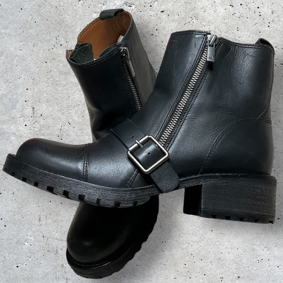 Lucky Brand Moto Boot Ondalucia Zipper Buckle Leather Combat Platform Chunky - Picture 6 of 11